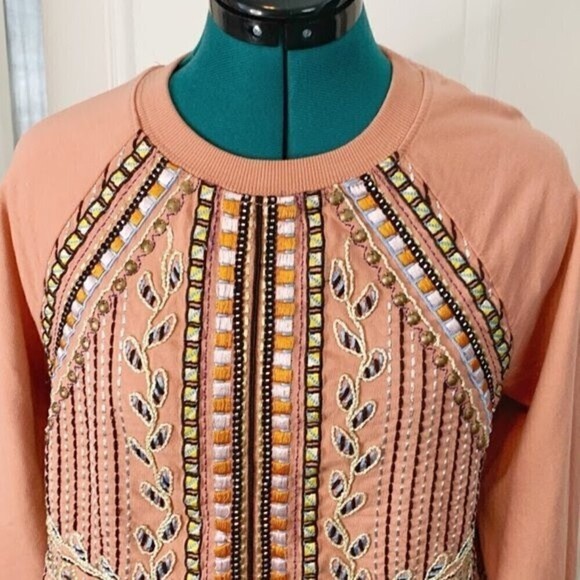 Akemi & Kin Peach Embroidered Beaded Bohemian Beaded Crew Neck Long Sleeve Shirt - Picture 2 of 10